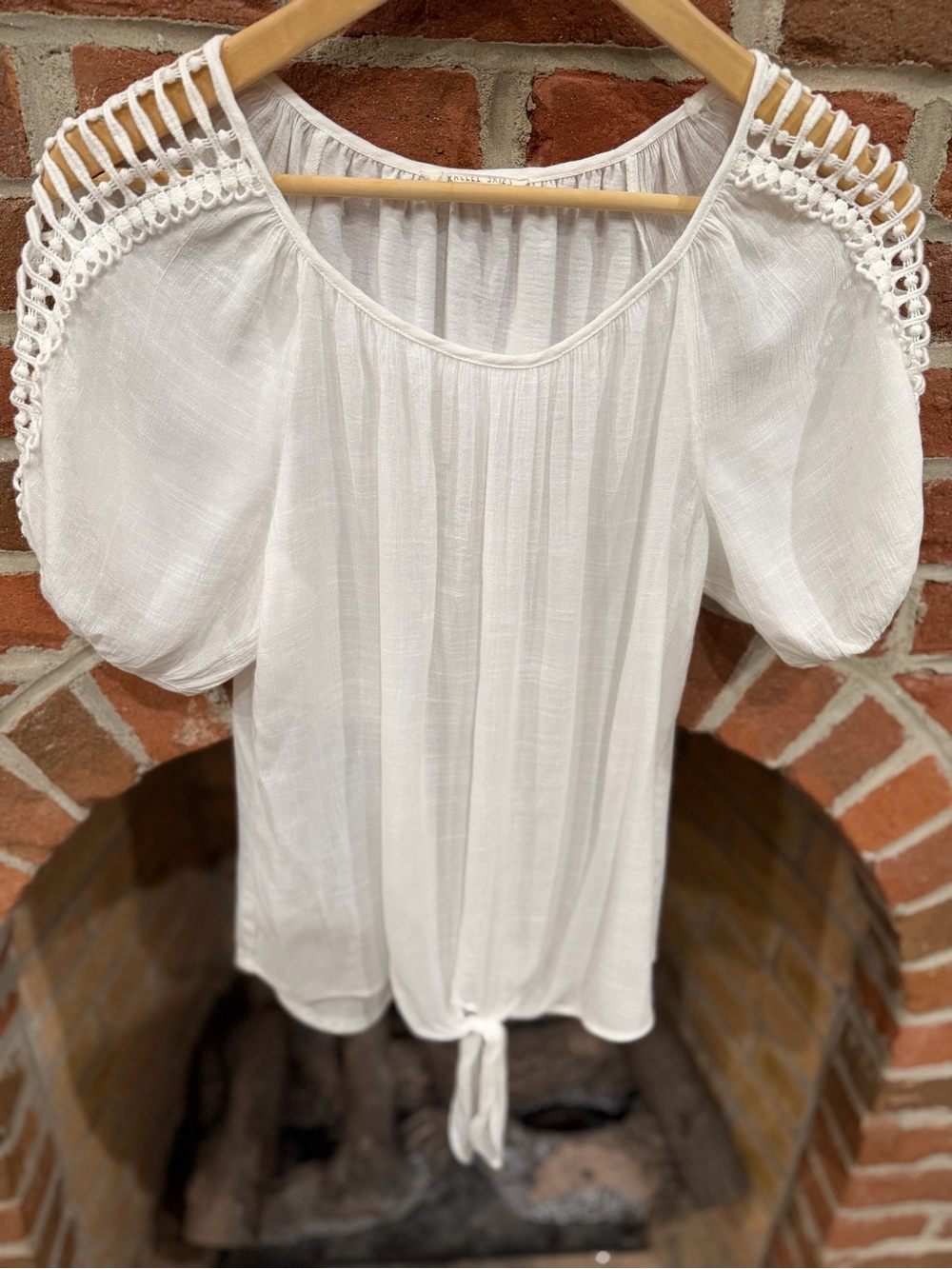 White Crochet-Shoulder Tie-Hem Peasant Top